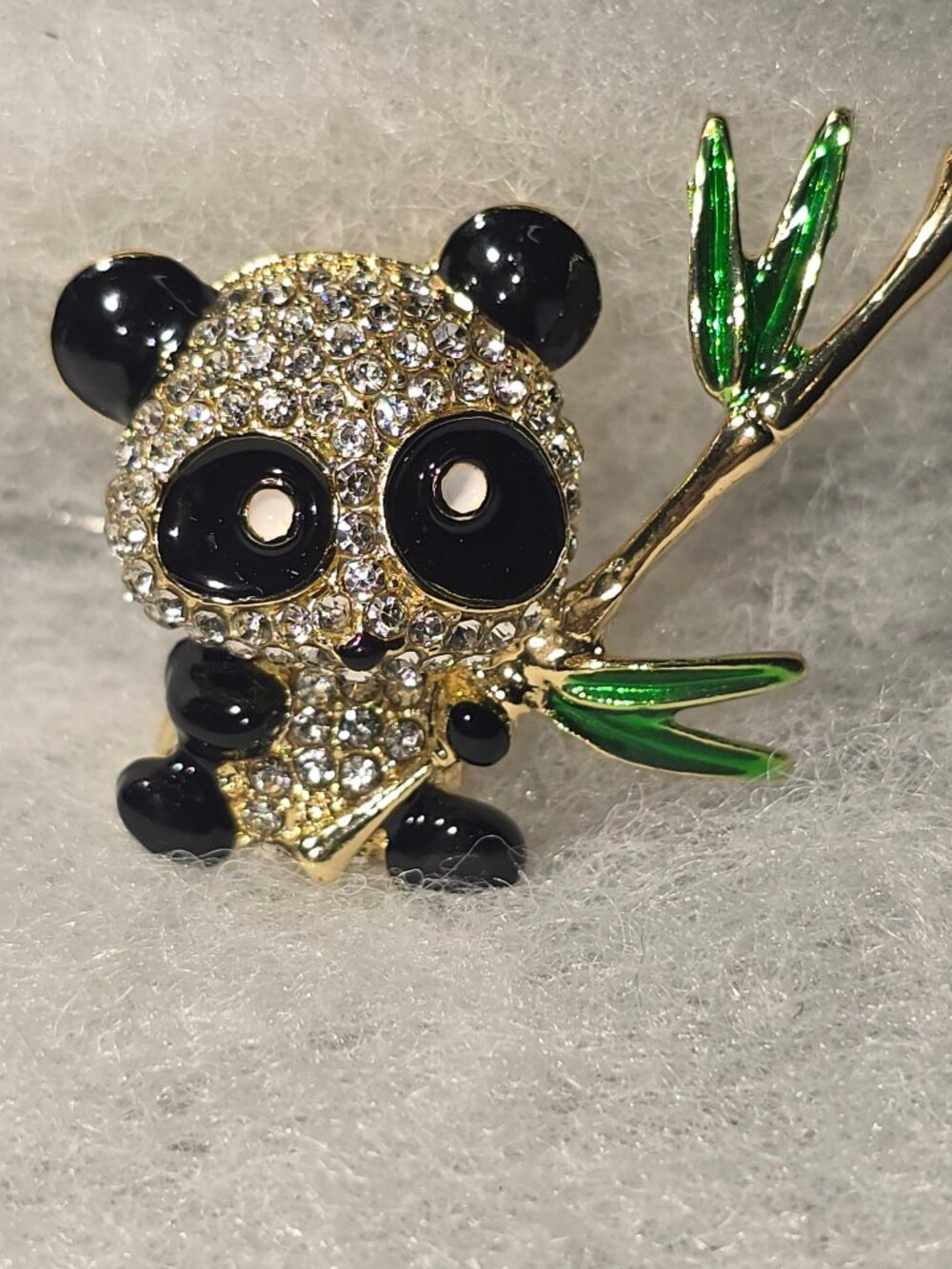 Panda Brooch – Gold Tone Crystal Panda Pin with Bamboo